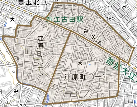 江原町とその周辺の地図。町の範囲を重ねている