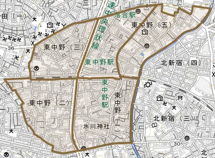 東中野とその周辺の地図。町の範囲を重ねている