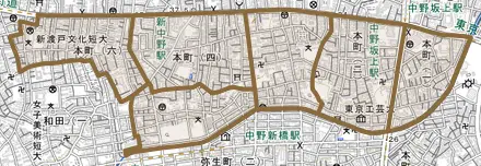 本町とその周辺の地図。町の範囲を重ねている