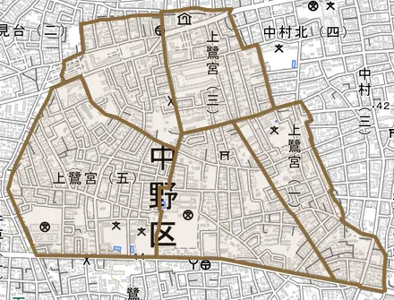 上鷺宮とその周辺の地図。町の範囲を重ねている