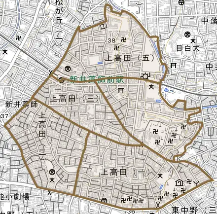 上高田とその周辺の地図。町の範囲を重ねている