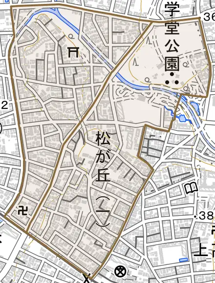 松が丘とその周辺の地図。町の範囲を重ねている