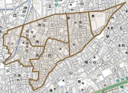 南台とその周辺の地図。町の範囲を重ねている