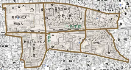 中野とその周辺の地図。町の範囲を重ねている