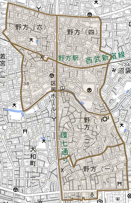 野方とその周辺の地図。町の範囲を重ねている