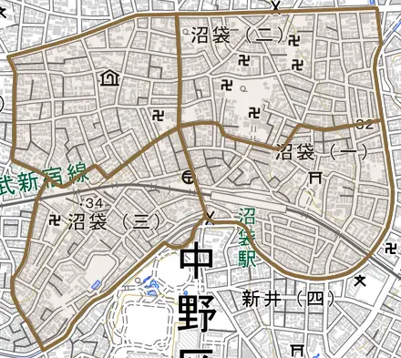沼袋とその周辺の地図。町の範囲を重ねている