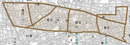 鷺宮とその周辺の地図。町の範囲を重ねている