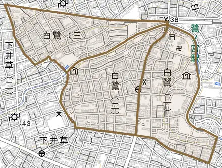 白鷺とその周辺の地図。町の範囲を重ねている