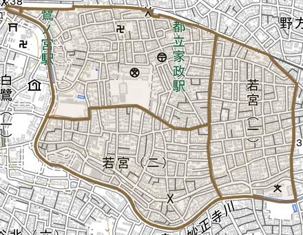 若宮とその周辺の地図。町の範囲を重ねている