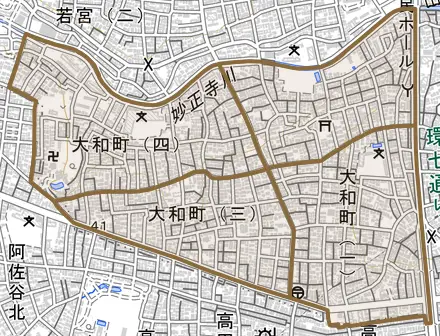 大和町とその周辺の地図。町の範囲を重ねている