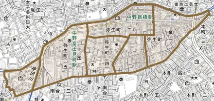 弥生町とその周辺の地図。町の範囲を重ねている