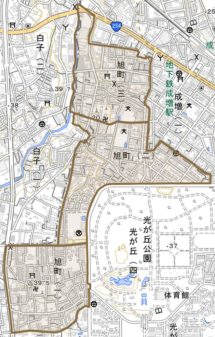 旭町とその周辺の地図。町の範囲を重ねている