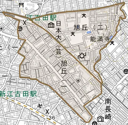 旭丘とその周辺の地図。町の範囲を重ねている