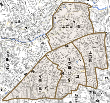 土支田とその周辺の地図。町の範囲を重ねている