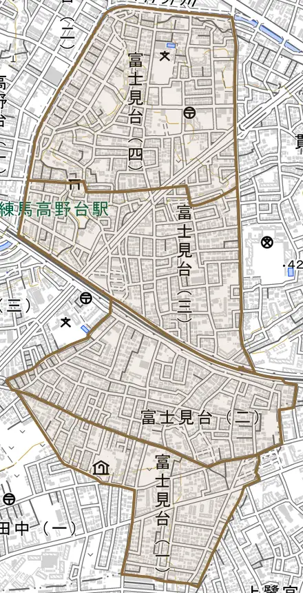 富士見台とその周辺の地図。町の範囲を重ねている