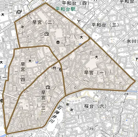 早宮とその周辺の地図。町の範囲を重ねている