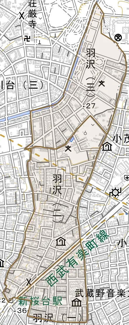 羽沢とその周辺の地図。町の範囲を重ねている
