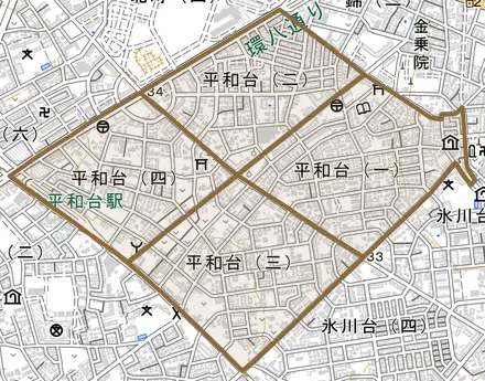 平和台とその周辺の地図。町の範囲を重ねている