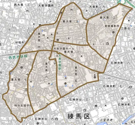 東大泉とその周辺の地図。町の範囲を重ねている