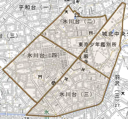 氷川台とその周辺の地図。町の範囲を重ねている