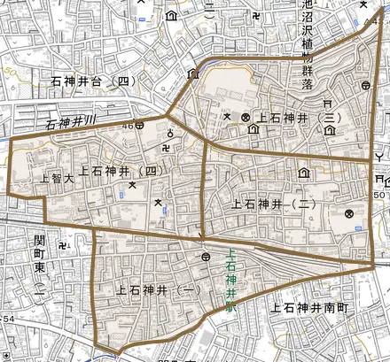 上石神井とその周辺の地図。町の範囲を重ねている