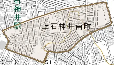上石神井南町とその周辺の地図。町の範囲を重ねている