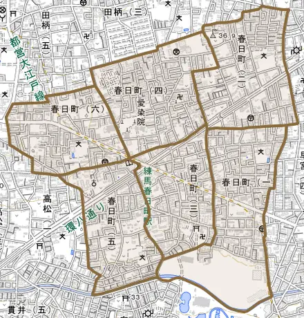 春日町とその周辺の地図。町の範囲を重ねている