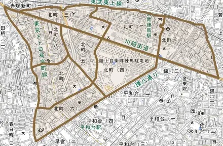 北町とその周辺の地図。町の範囲を重ねている