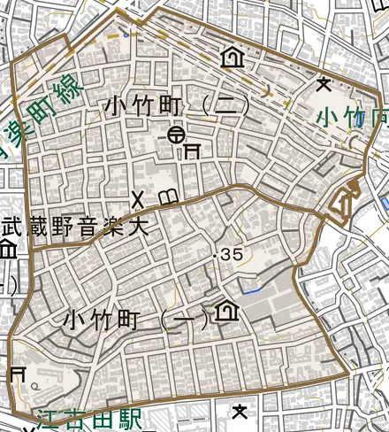 小竹町とその周辺の地図。町の範囲を重ねている