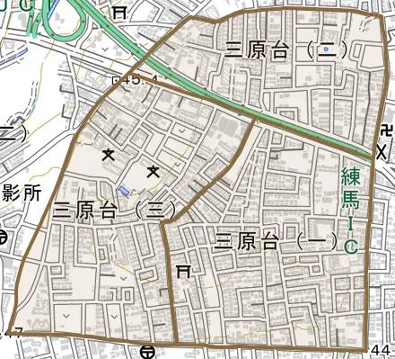 三原台とその周辺の地図。町の範囲を重ねている