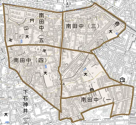 南田中とその周辺の地図。町の範囲を重ねている