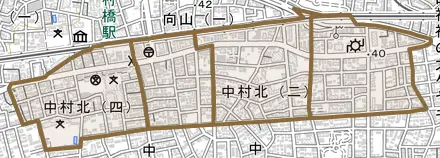 中村北とその周辺の地図。町の範囲を重ねている