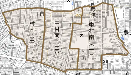 中村南とその周辺の地図。町の範囲を重ねている