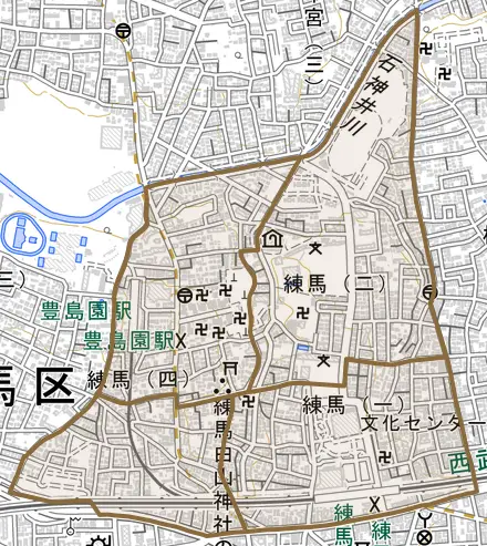 練馬とその周辺の地図。町の範囲を重ねている
