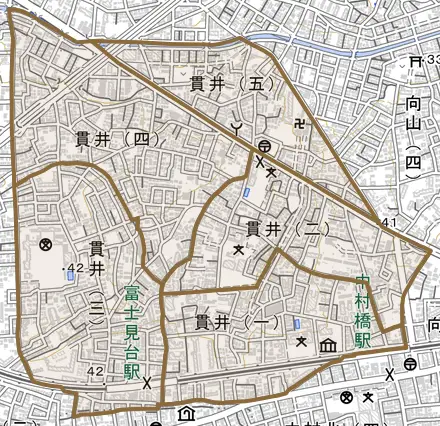 貫井とその周辺の地図。町の範囲を重ねている