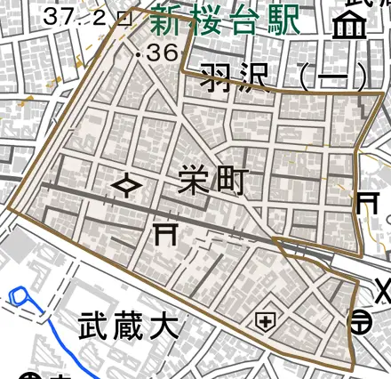 栄町とその周辺の地図。町の範囲を重ねている
