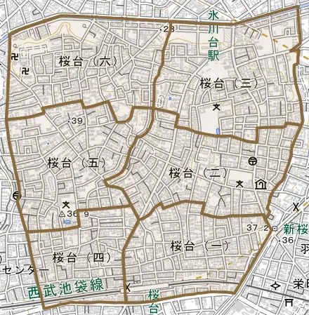 桜台とその周辺の地図。町の範囲を重ねている