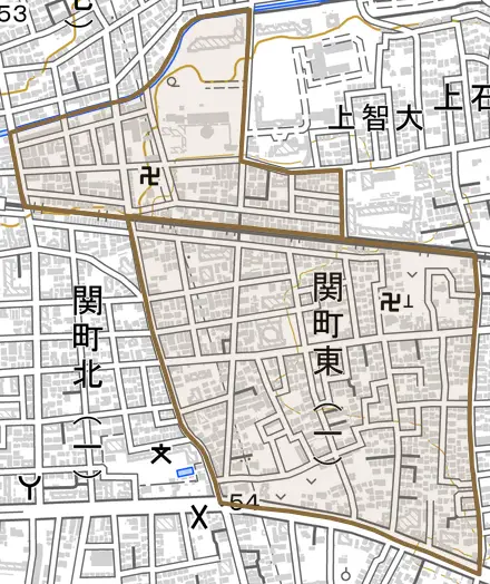 関町東とその周辺の地図。町の範囲を重ねている