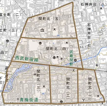 関町北とその周辺の地図。町の範囲を重ねている