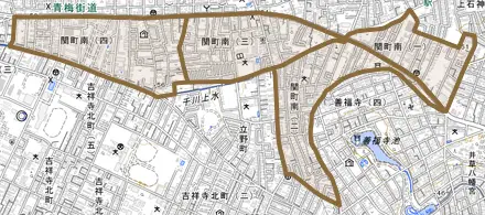 関町南とその周辺の地図。町の範囲を重ねている