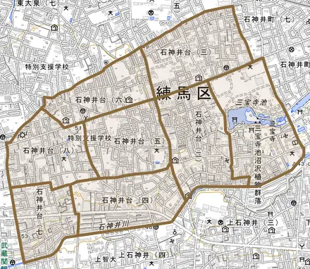石神井台とその周辺の地図。町の範囲を重ねている