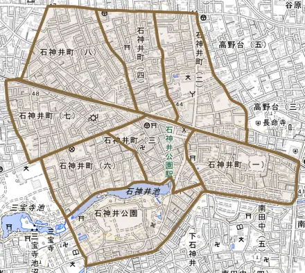 石神井町とその周辺の地図。町の範囲を重ねている