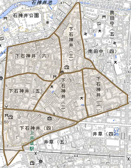 下石神井とその周辺の地図。町の範囲を重ねている