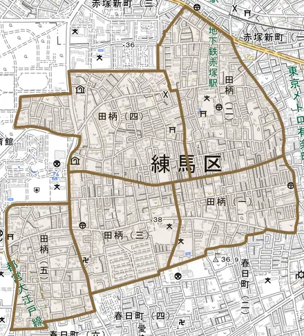 田柄とその周辺の地図。町の範囲を重ねている