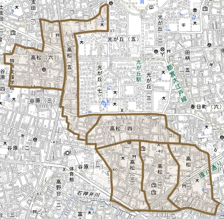 高松とその周辺の地図。町の範囲を重ねている