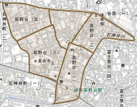 高野台とその周辺の地図。町の範囲を重ねている