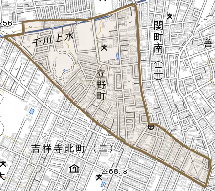 立野町とその周辺の地図。町の範囲を重ねている