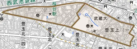 豊玉上とその周辺の地図。町の範囲を重ねている