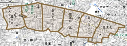 豊玉北とその周辺の地図。町の範囲を重ねている