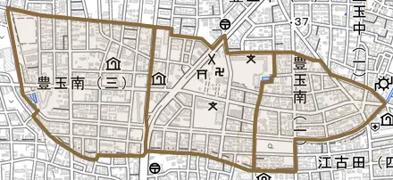 豊玉南とその周辺の地図。町の範囲を重ねている